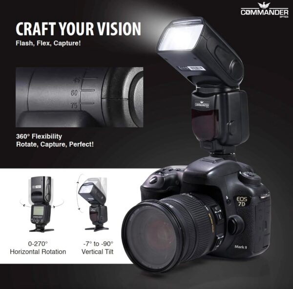 Commander Electronic Flash for Canon DSLR EOS Rebel T7, SL3, 4000D, 850D, 80D, 90D, 6D Mark II, 5D Mark IV, EOS R, RP, R5, R6, R7, R8, R10, R100, M200,M50 Mark II, M6, M5 Fully Automatic Speedlite E-TTL